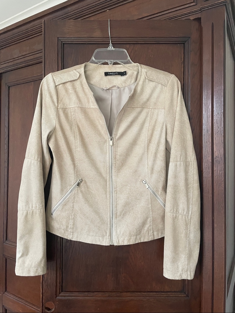 Laura Jo Paris- Faux Suede Leather Bomber Jacket Cropped Lined Zip Up Tan